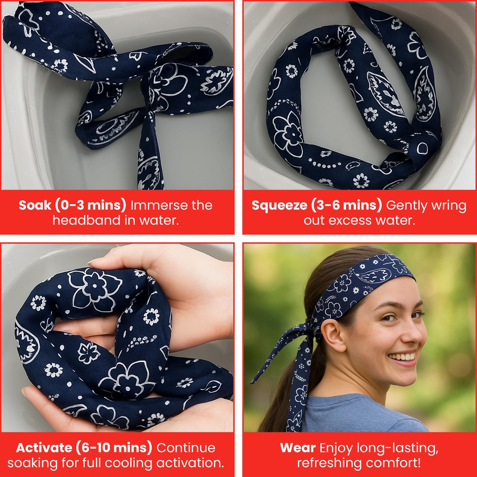 Iconikal 4Pack Cooling Gel Cotton Bandana Headband, 38Inch, Red/Blue Paisley