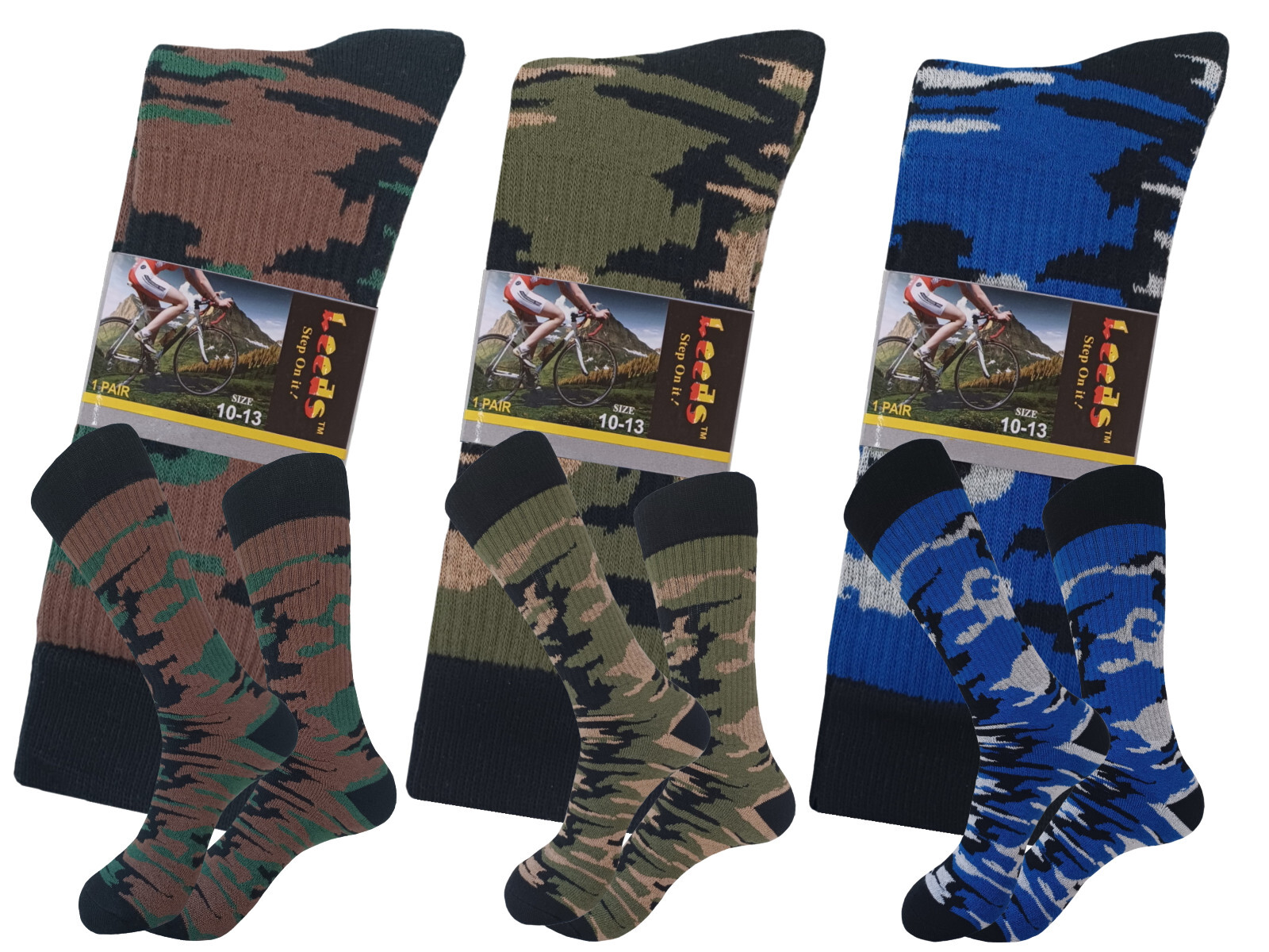 3 PAIR COTTON CAMO CREW ARMY HIKING SOCKS SIZE 10-13 TRUE TO SIZE FULL CUSHION