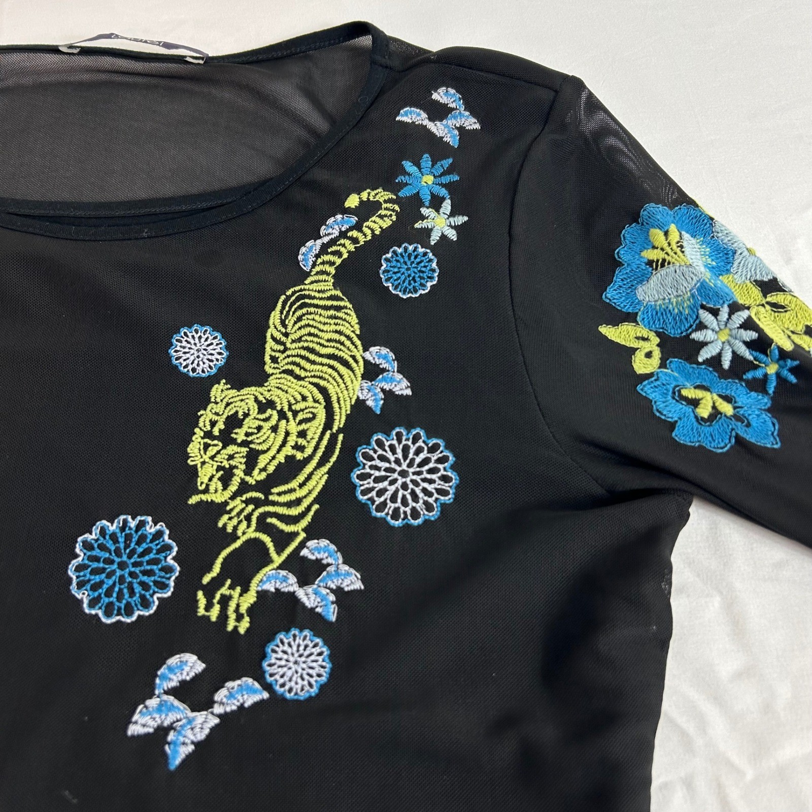 Laurel Mesh Top Tiger Floral Embroidered Long Sleeve Blouse Black Size 6