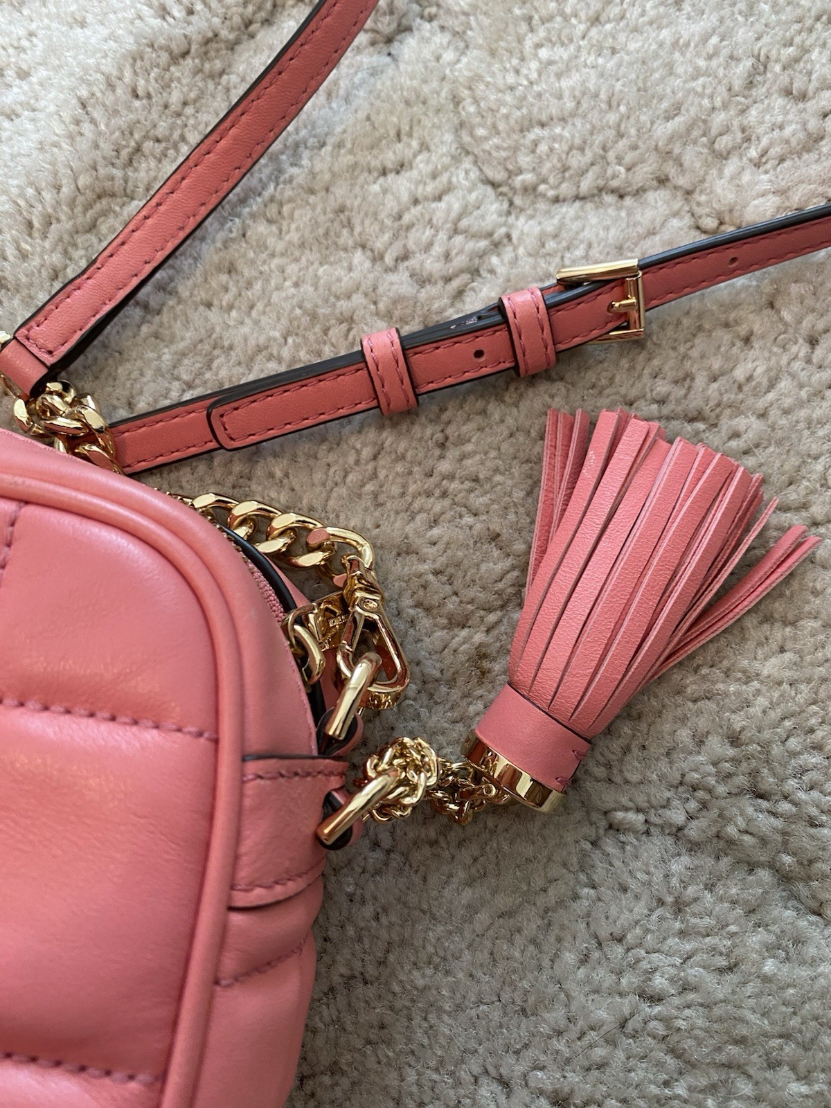 Michael Kors Pink Quilted Small Crossbody Bag Zip Gold Chain Tassel Charm