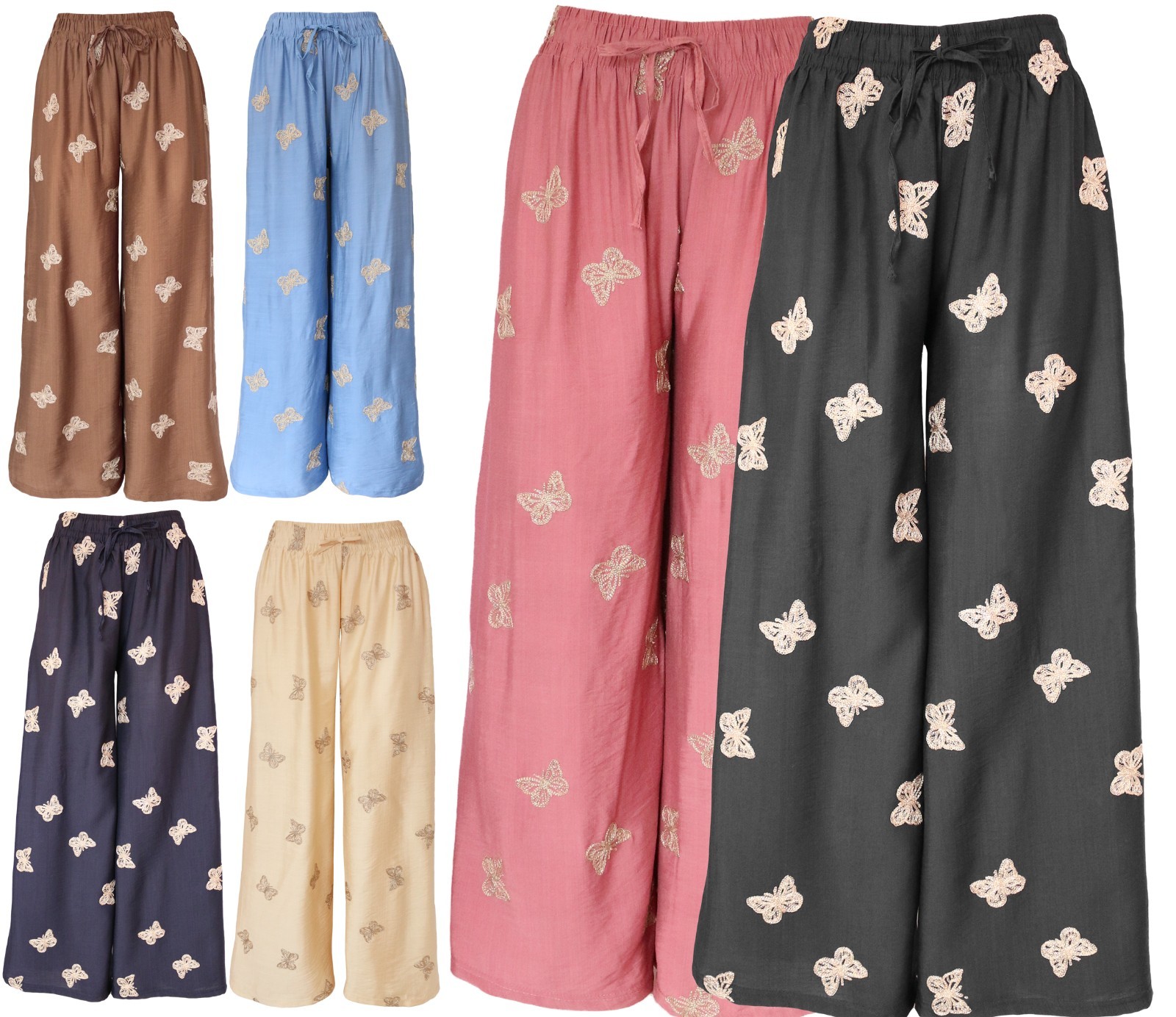 Women Embroidered Wide‑Leg Pants Butterfly Palazzo Pants Cotton Summer Trousers