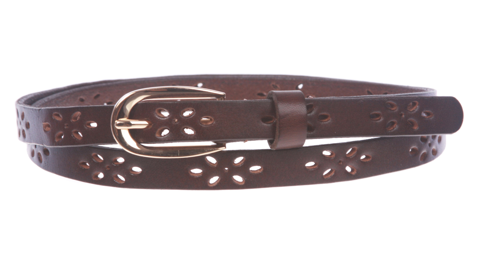 Skinny Perforated Floral Hollow Out One Piece Cowhide Full Grain Leather Bel