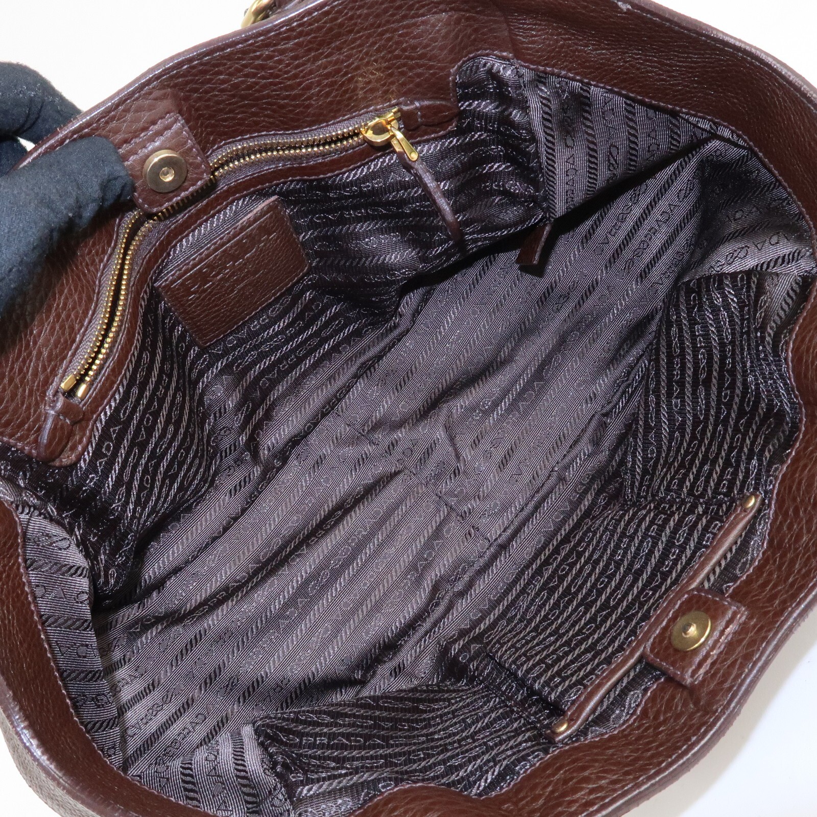 PRADA Logo Hand Bag Kahki Brown Nylon Leather BN1221 Auth Used