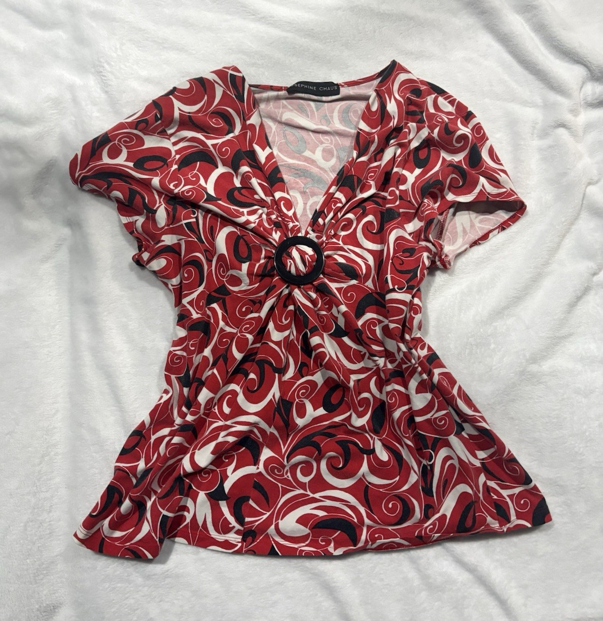 Josephine Chaus Women’s Abstract Knit V-Neck Ring Pullover Blouse L Red Y2K alt