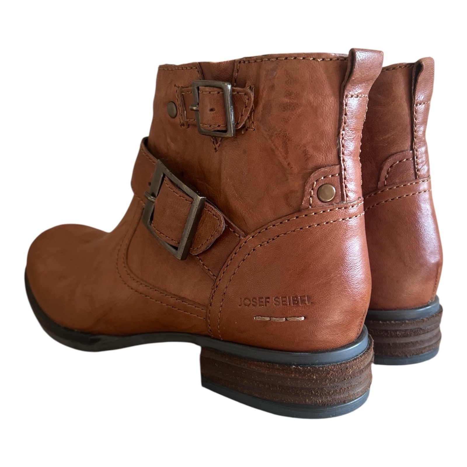 Josef Seibel Sanja 16 Buckle Leather Cognac/Brown Ankle Booties EU36, 37, 40 NEW