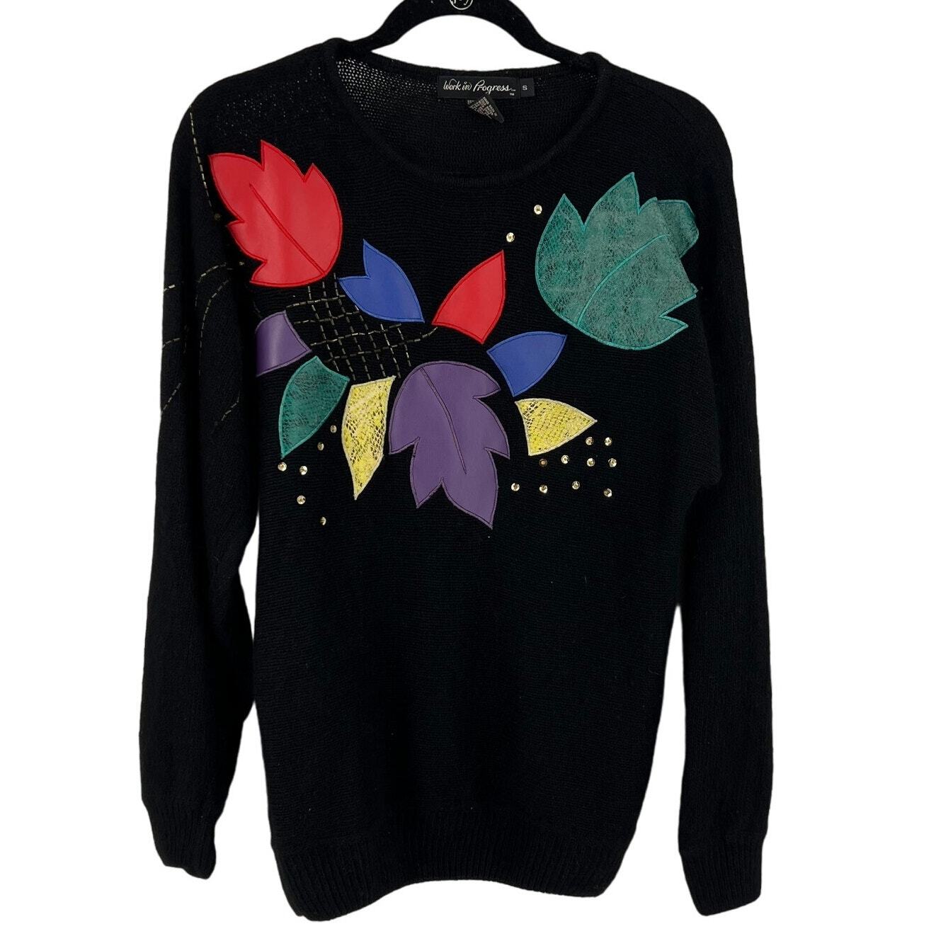 Vtg Work In Progress Knit Tunic Sweater 90’s Sequins Leaves Silk Angora Small