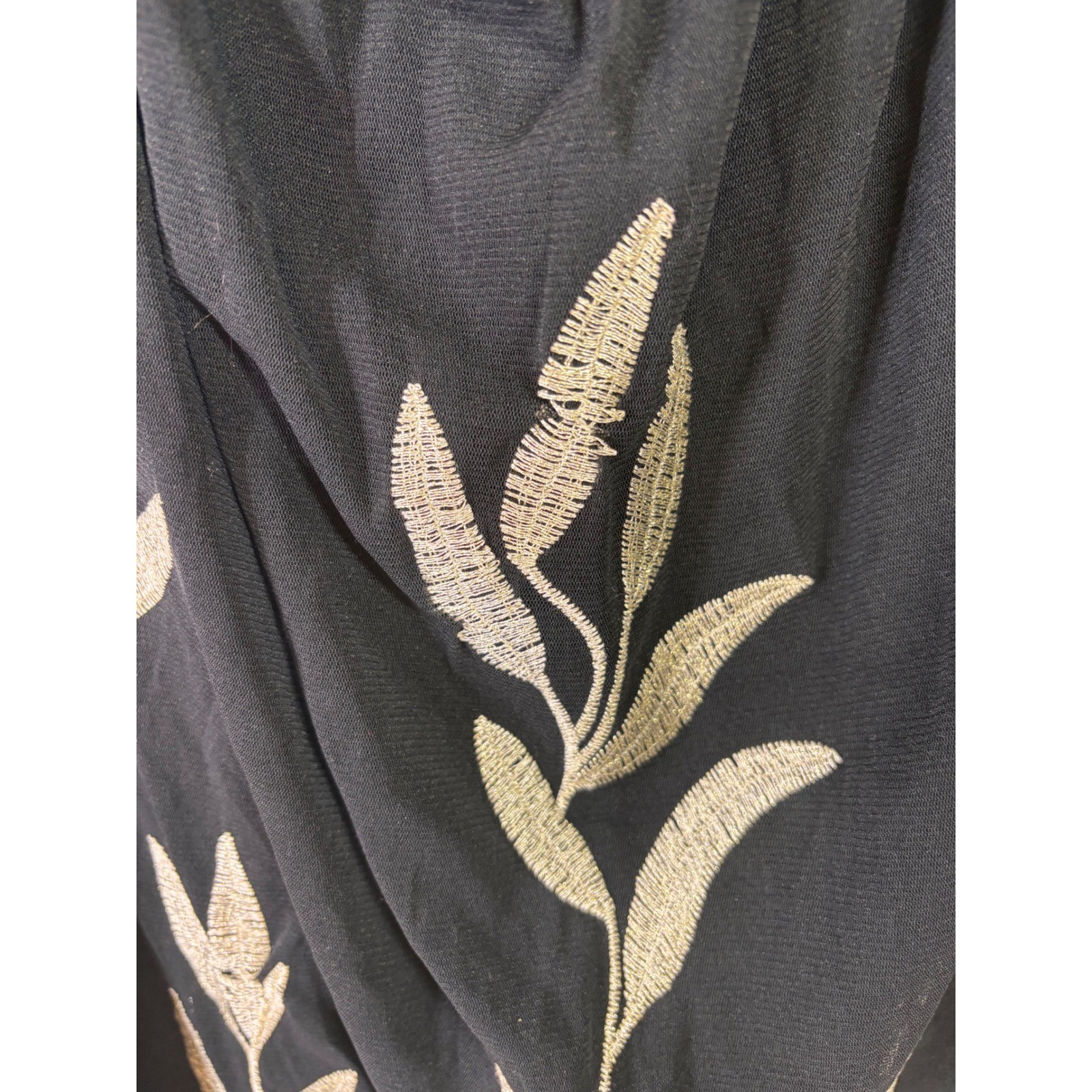 Alfani Womens XL Black Gold Metallic Leaf Embroidered Lace Hem Blouse Top