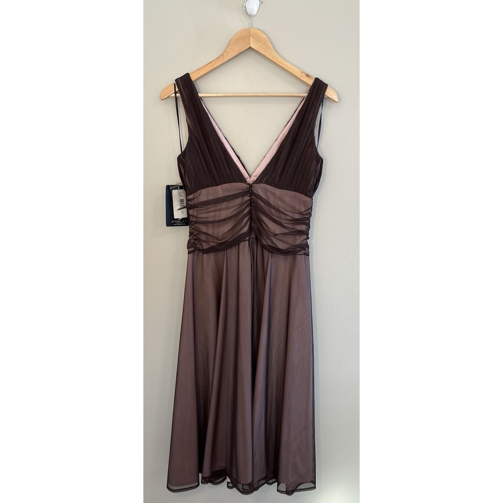 JS Boutique Y2K Dress Baby Doll Beading Ruching Tulle Sheer Brown Pink NWT