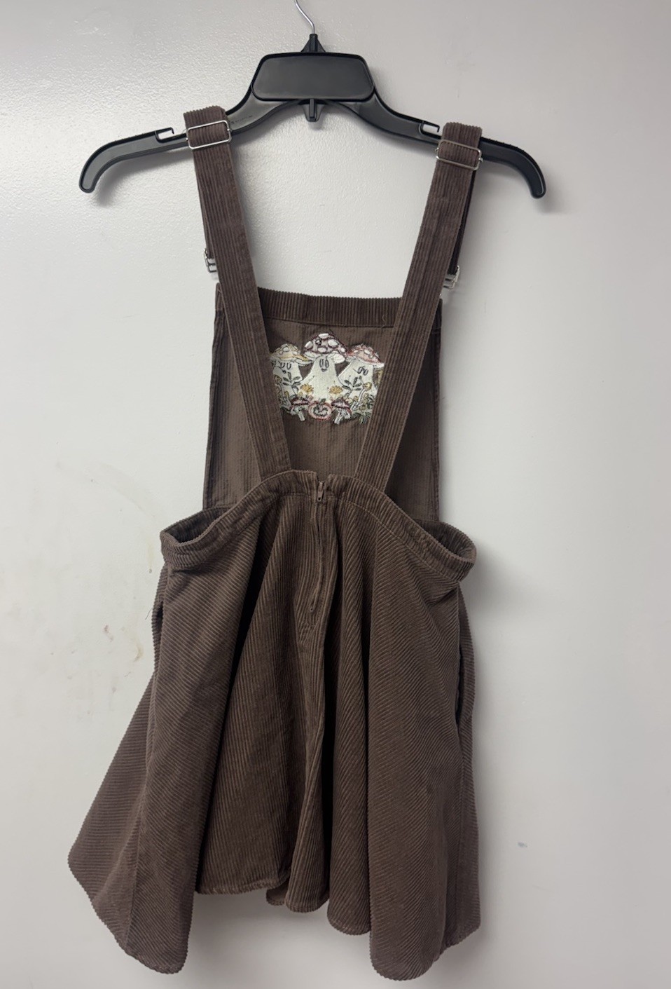 Thorn & Fable Ghost Mushroom Corduroy Skirtall Brown Embroidered S Overall Dress