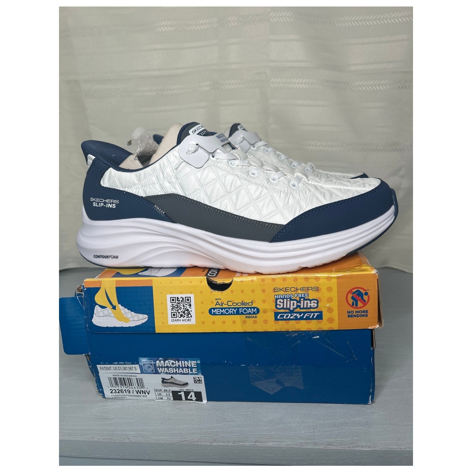 Skechers Slip-Ins Contour Foam Cozy Fit Walking Shoes White Navy Size 14