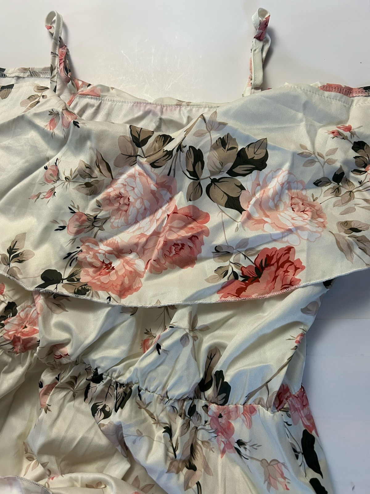 Women’s Satin Floral Chemise Nightgown V-Neck Sleeveless L White Pink Green