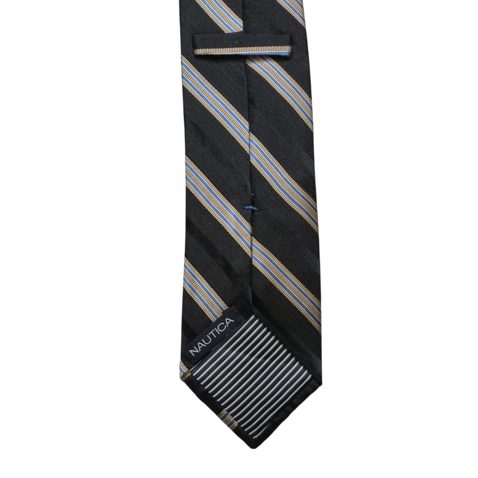 Nautica Tie Men’s 100% Silk Black Blue Beige Diagonal Stripe Jacquard Necktie