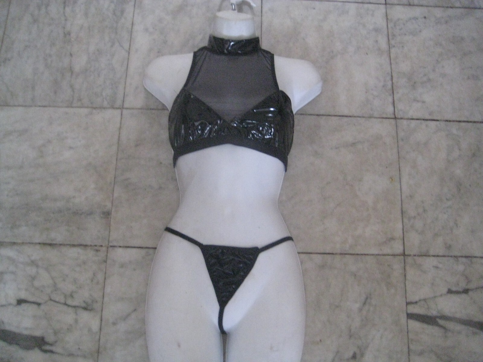 New 2 pc Black PVC / Mesh bra & G string size S sexy FREE S&H RARE