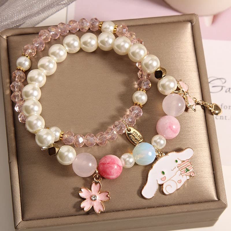Cinnamoroll Crystal Beads Bracelet Set Cute Cartoon Elastic Adjustable, Pink