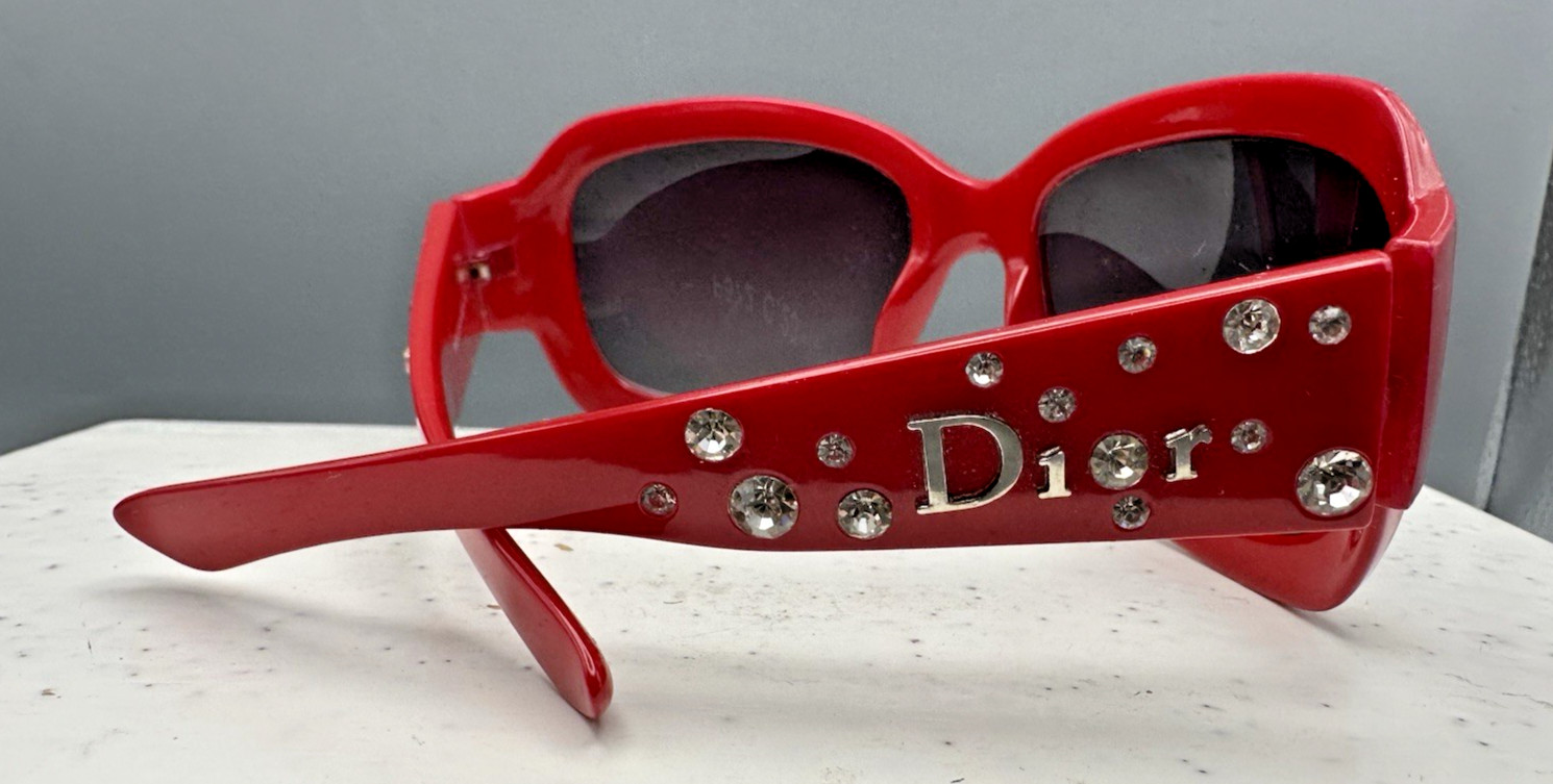 Vtg Y2K Dior P572 Red Rhinestone Logo Sunglasses 60-14-115 Made in Italy