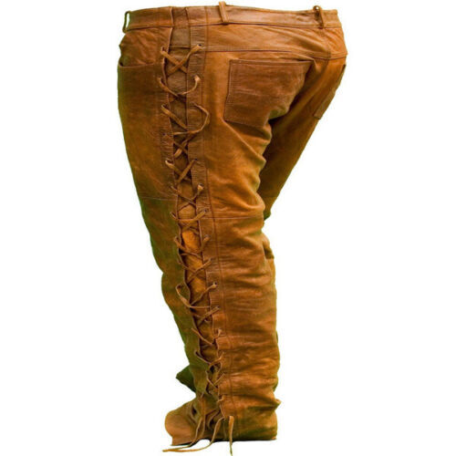 Men’s Real Cowhide Waxed Brown Leather Pants Side Lacing Jean Trouser Cuir Braun
