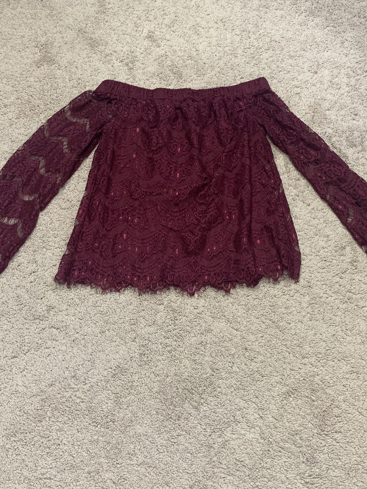 Love Fire Womens Shirt Size S/P Wine colored Lace Off the Shoulder Long Sleeve