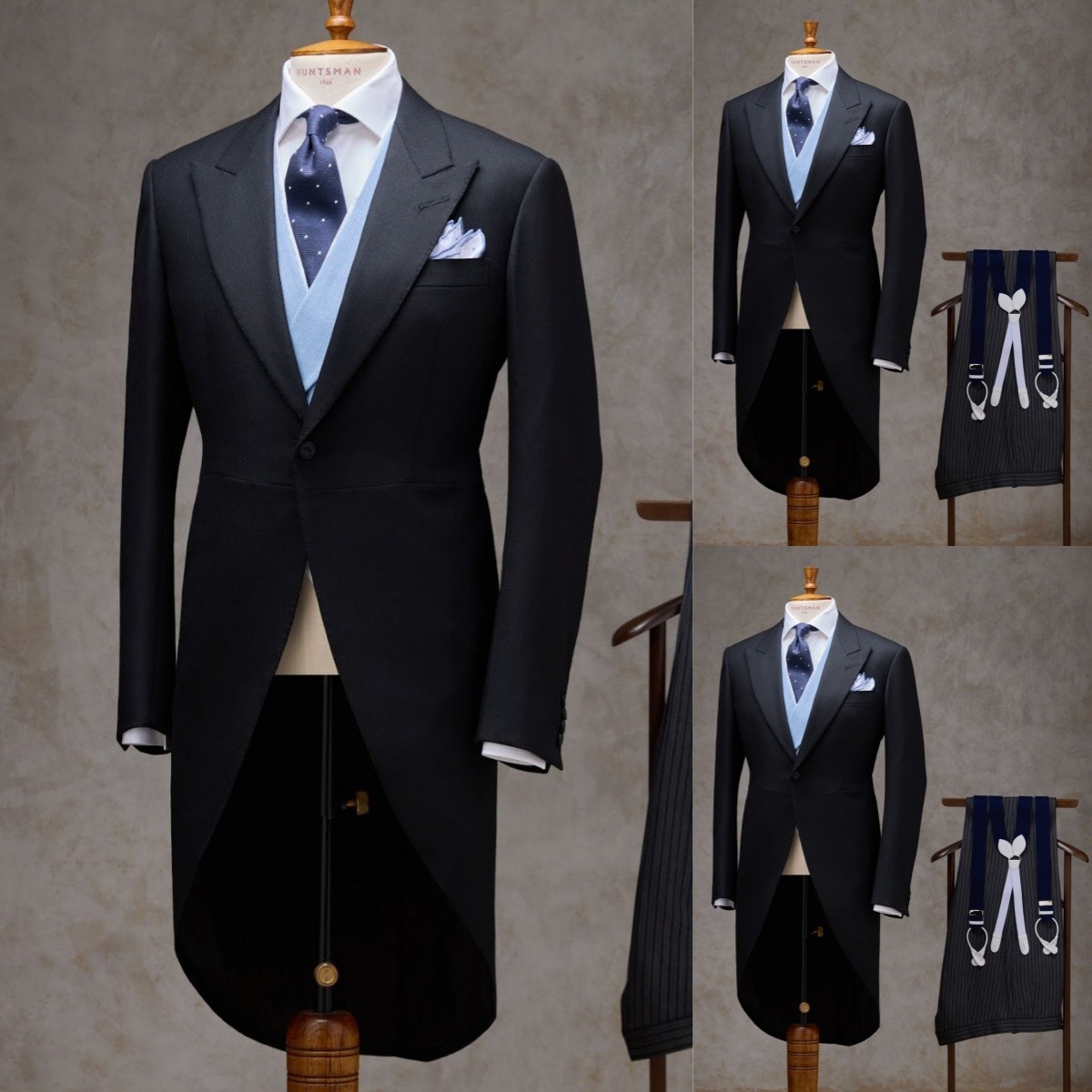 Black Tailcoat Men’s Suit Peak Lapel Formal Tuxedos 3Pcs Business Jacket Coat