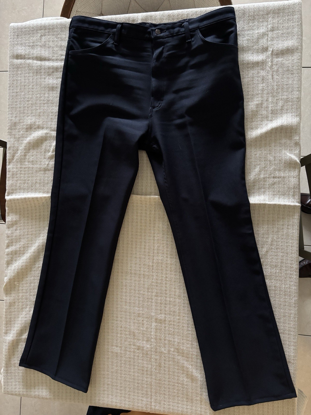 Men’s VTG 80’s Navy Blue Wrangler Bootcut YKK Zip Polyester Slacks 38 X 32