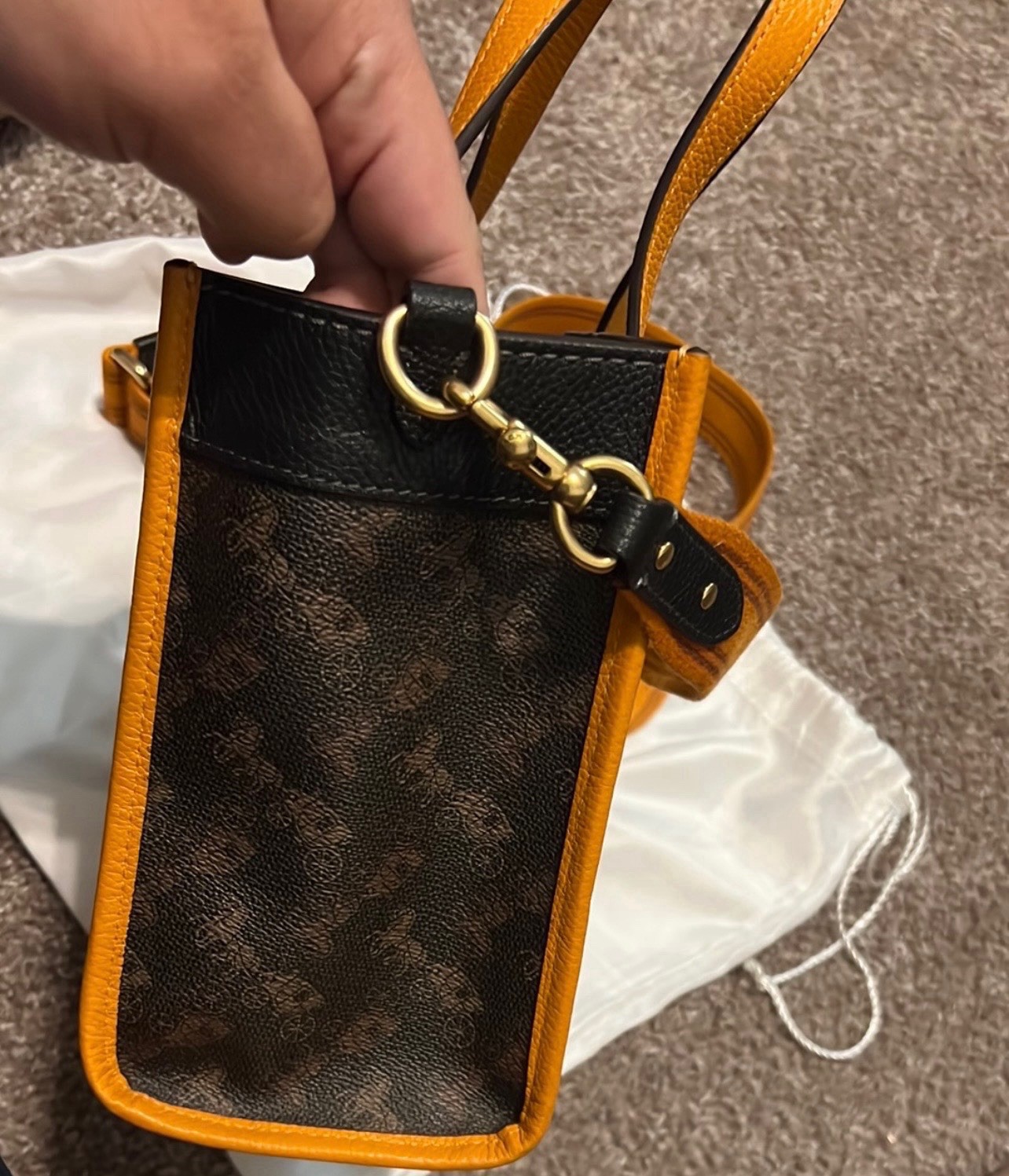 Coach Small Tote Bag Brown/Black/Orange w Detachable Strap Dust Bag Snap