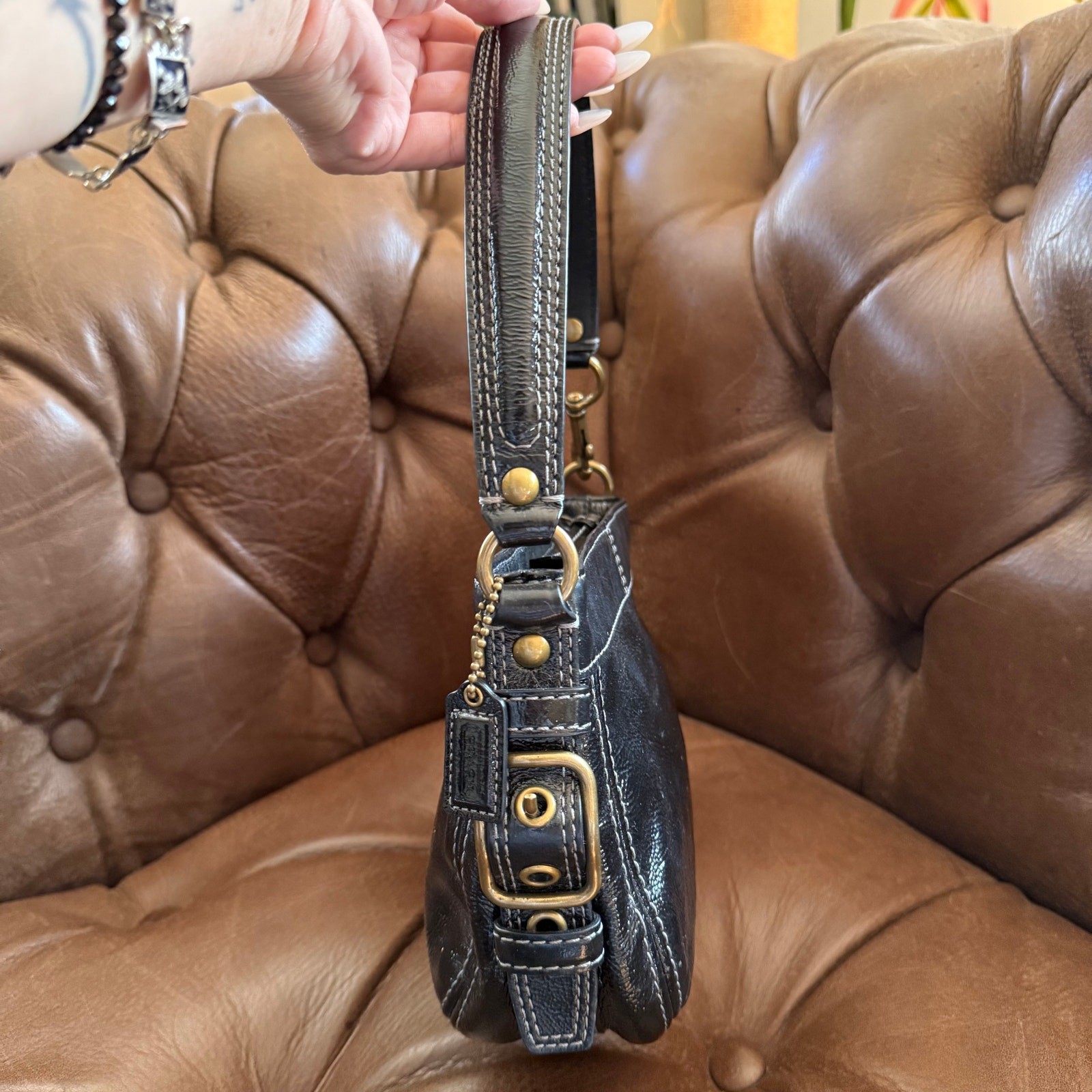 Coach Zoe Shoulder Bag 41869 Black Crinkled Patent Leather Y2K