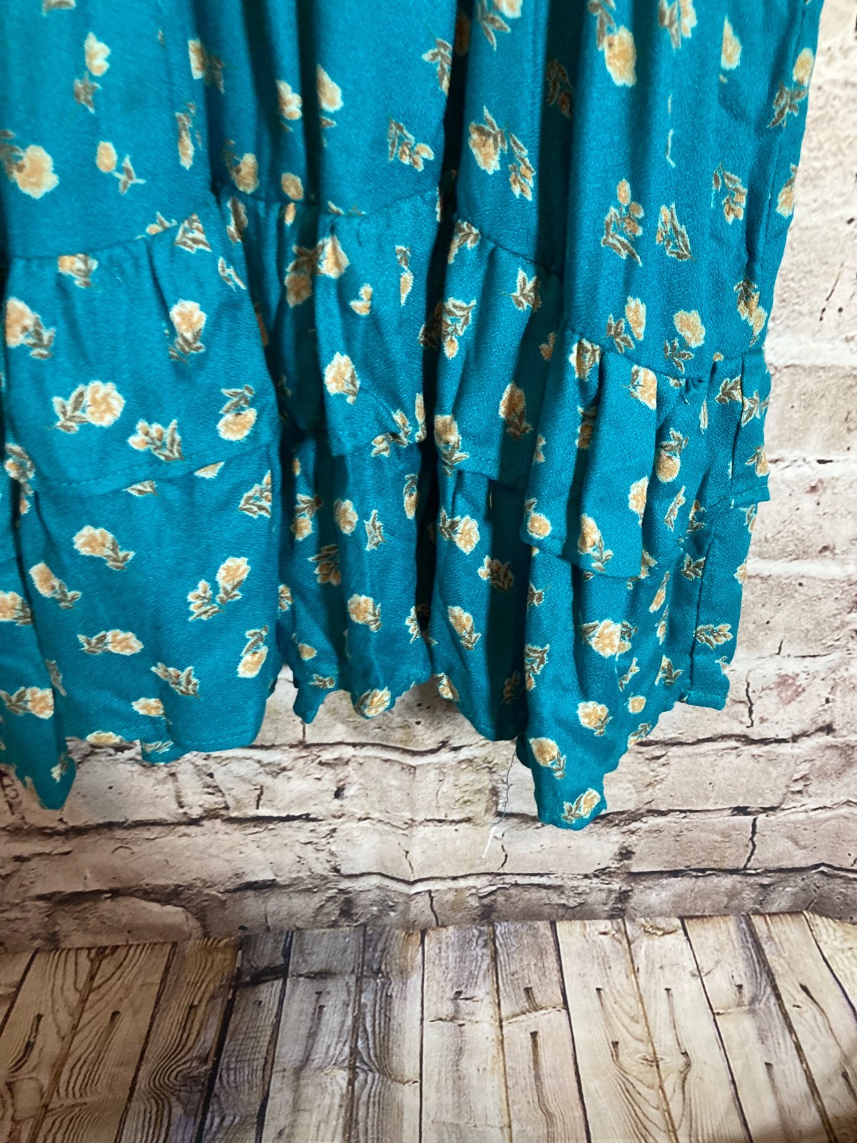 Angie Boho Dress Womens Medium Dark Teal Ditsy Floral Balloon Sleeve Hippie