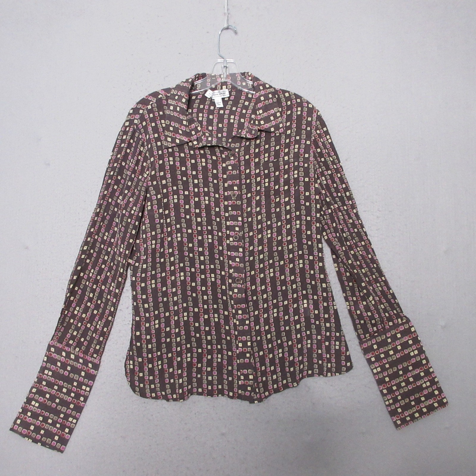 St John Sport Top Large Silk Geometric Button Up Crinkle Designer Quiet Luxury
