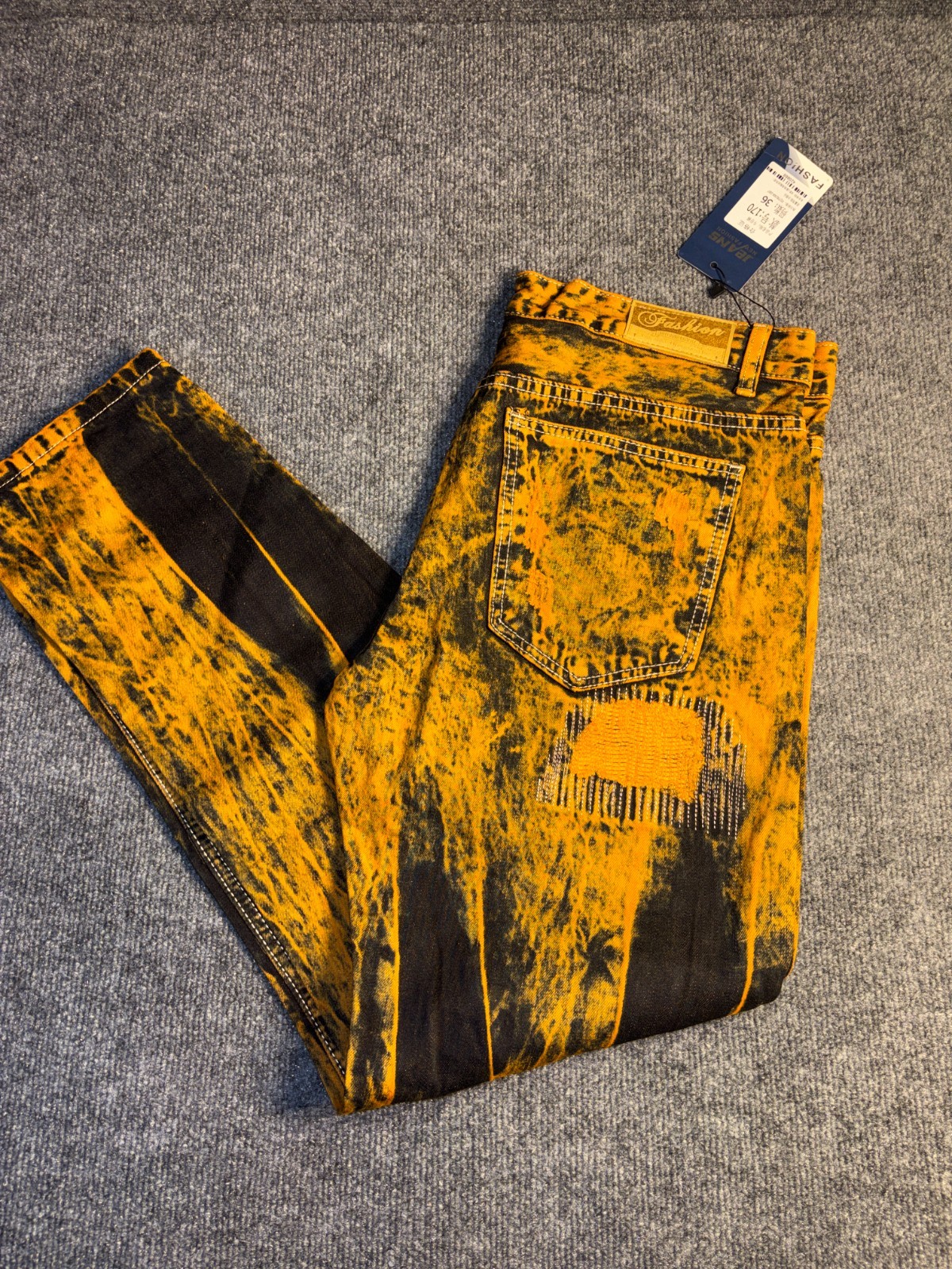New Fashion Jeans Men’s 36 Orange Black Patchwork Distressed Straight Leg Grunge