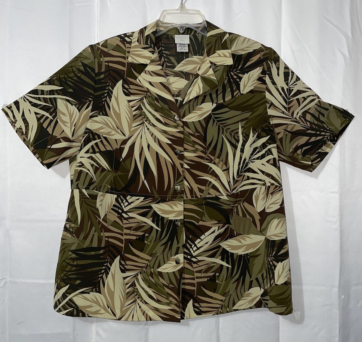 Vintage Studio C Green Tropical Button Up Top Shoulder Pads Hawaiian Sz 18