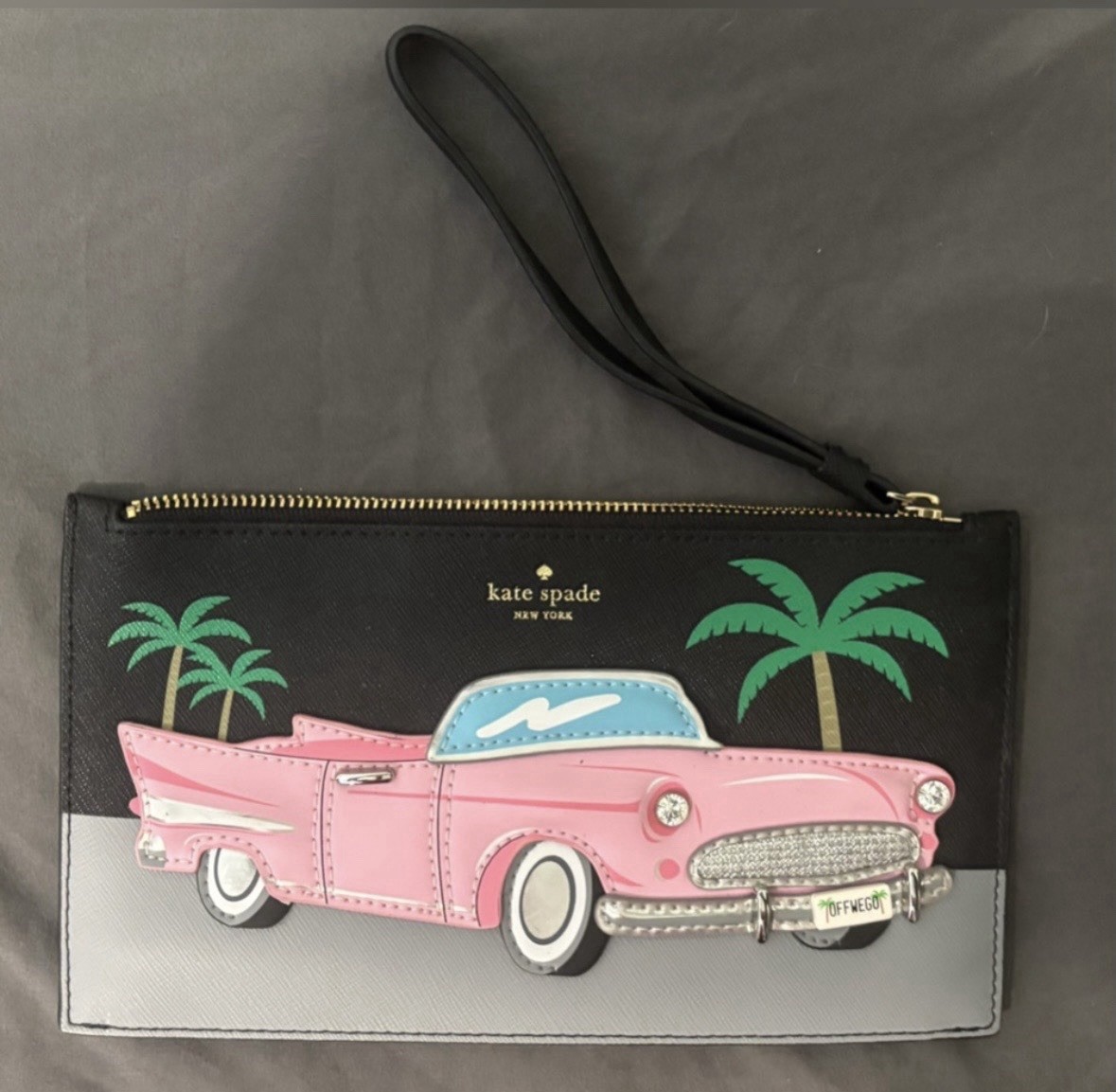 kate spade new york Black Zip Wristlet Pink Car Applique Gold Hardware Lined