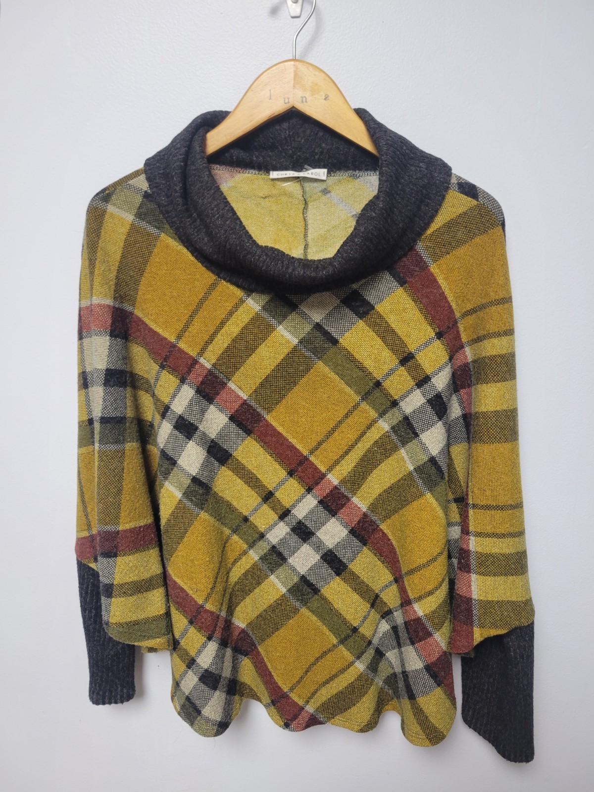 Chris and Carol Plaid Pancho Sweater Size S Cowl Neck Pullover