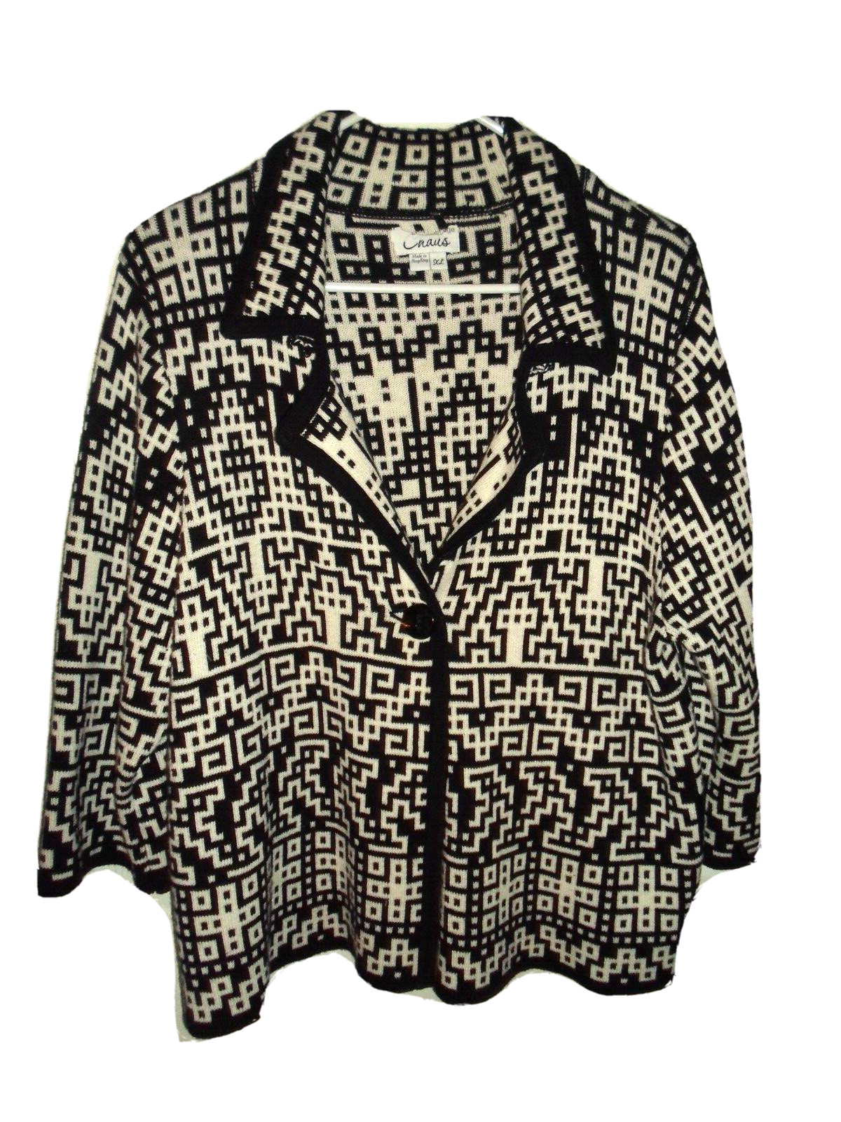 Chaus Womens XL Single Button Black & White Knit Cardigan Sweater Collared Lapel