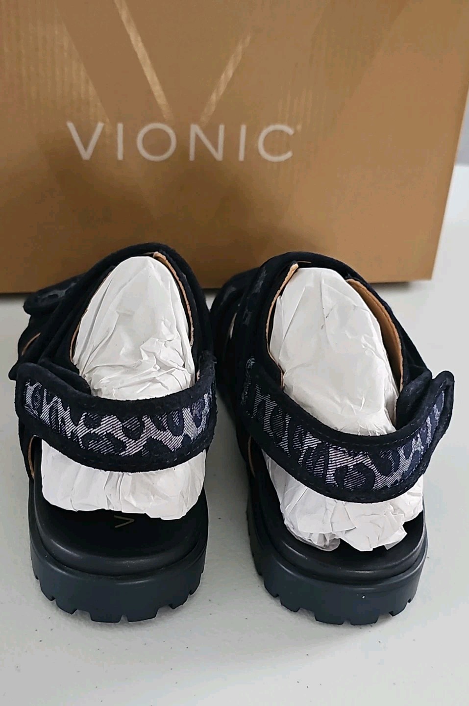 Vionic Cassidy Denim Size 5 Multi Leopard Print Strappy Sandals Blue Black NEW