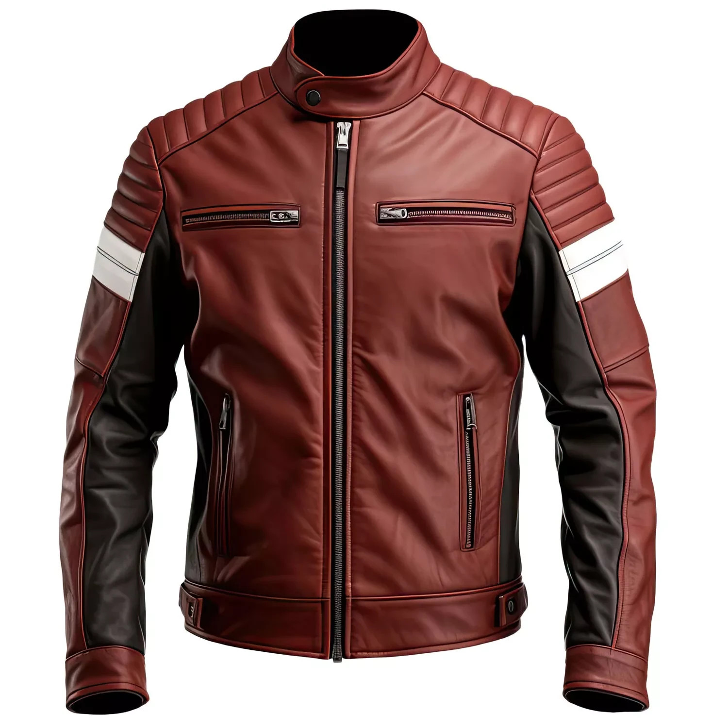 Men’s Maroon Brown Sheepskin Biker Slim-fit Stylish Quilted Moto Leather Jacket