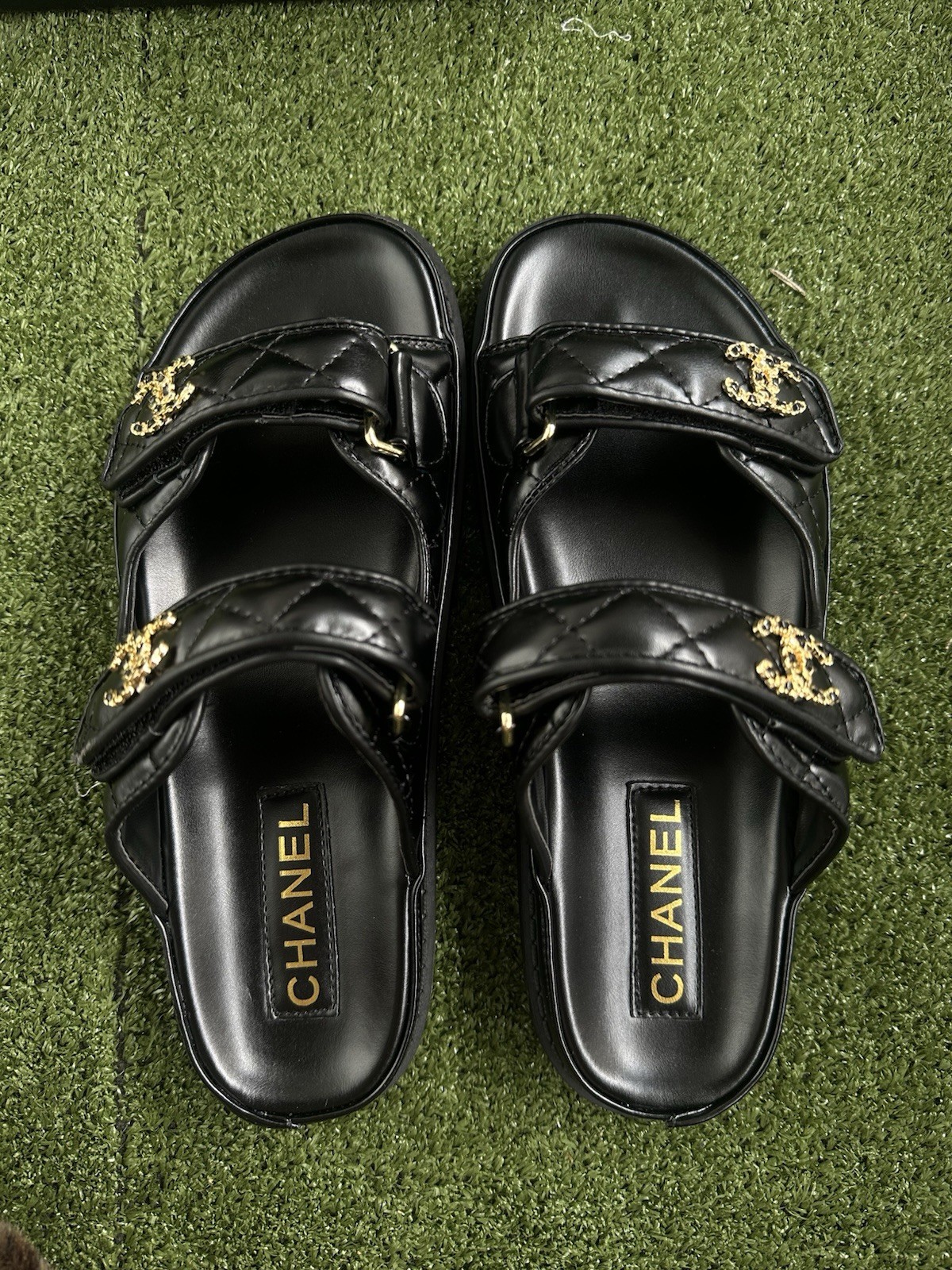 Chanel Black Quilted Leather Sandals CC Logo Double Strap Women’s Size 8
