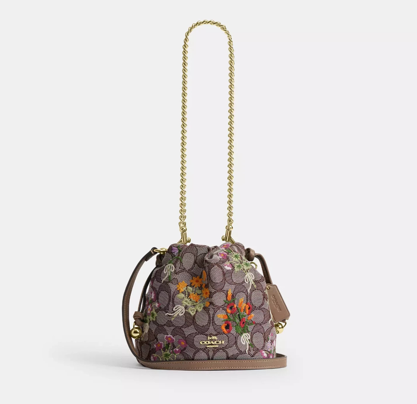 NWT Coach Faye Mini Drawstring Bag In Signature Jacquard With Floral Embroidery