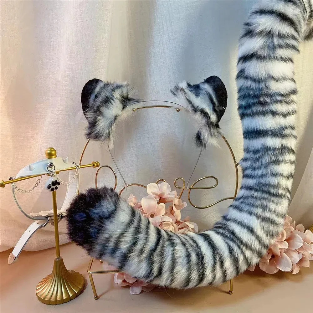 White Tiger Ears Hairhoop Tail Headwear Halloween Christmas Party Cosplay Prop