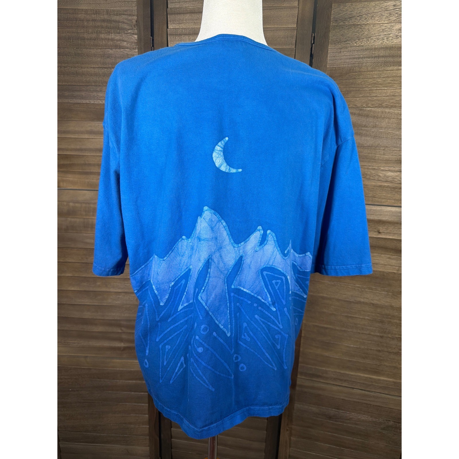Grebe Batik Blue Mountain Celestial Moon Sun Cotton T-Shirt Women Large USA Made