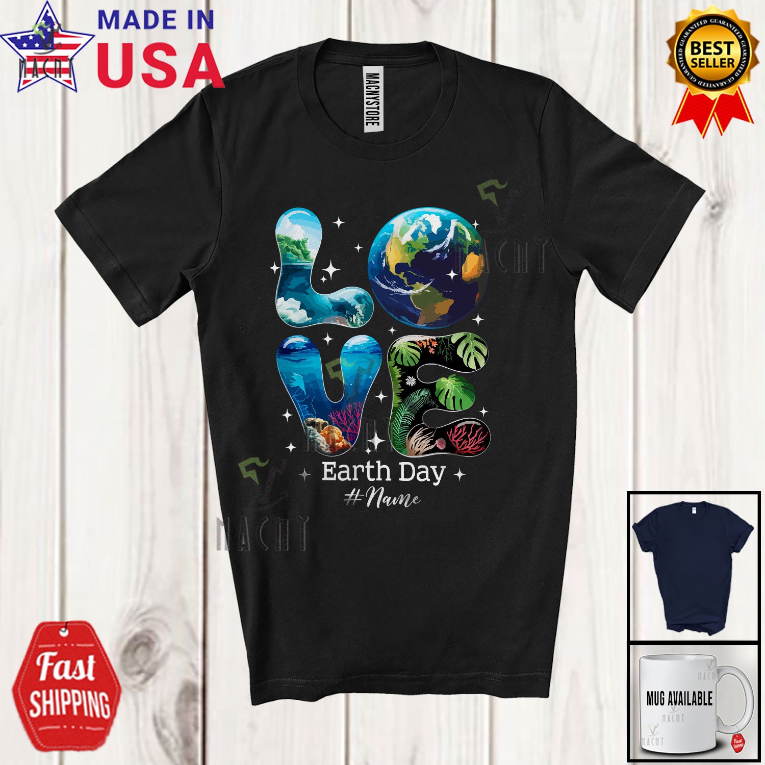 LOVE Earth Day 2025; Custom Name Restore Earth Sea Art Save the Planet T-Shirt