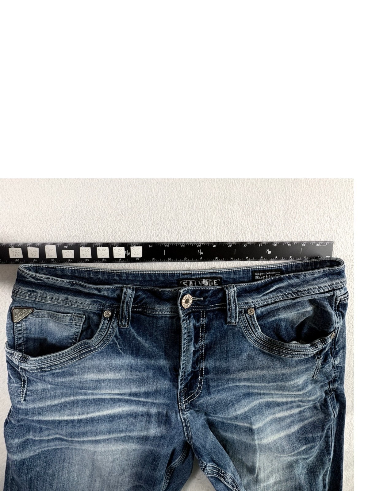 Buckle Salvage Anarchy Straight Regular Fit Jeans Mens 36 Blue Whiskering Denim