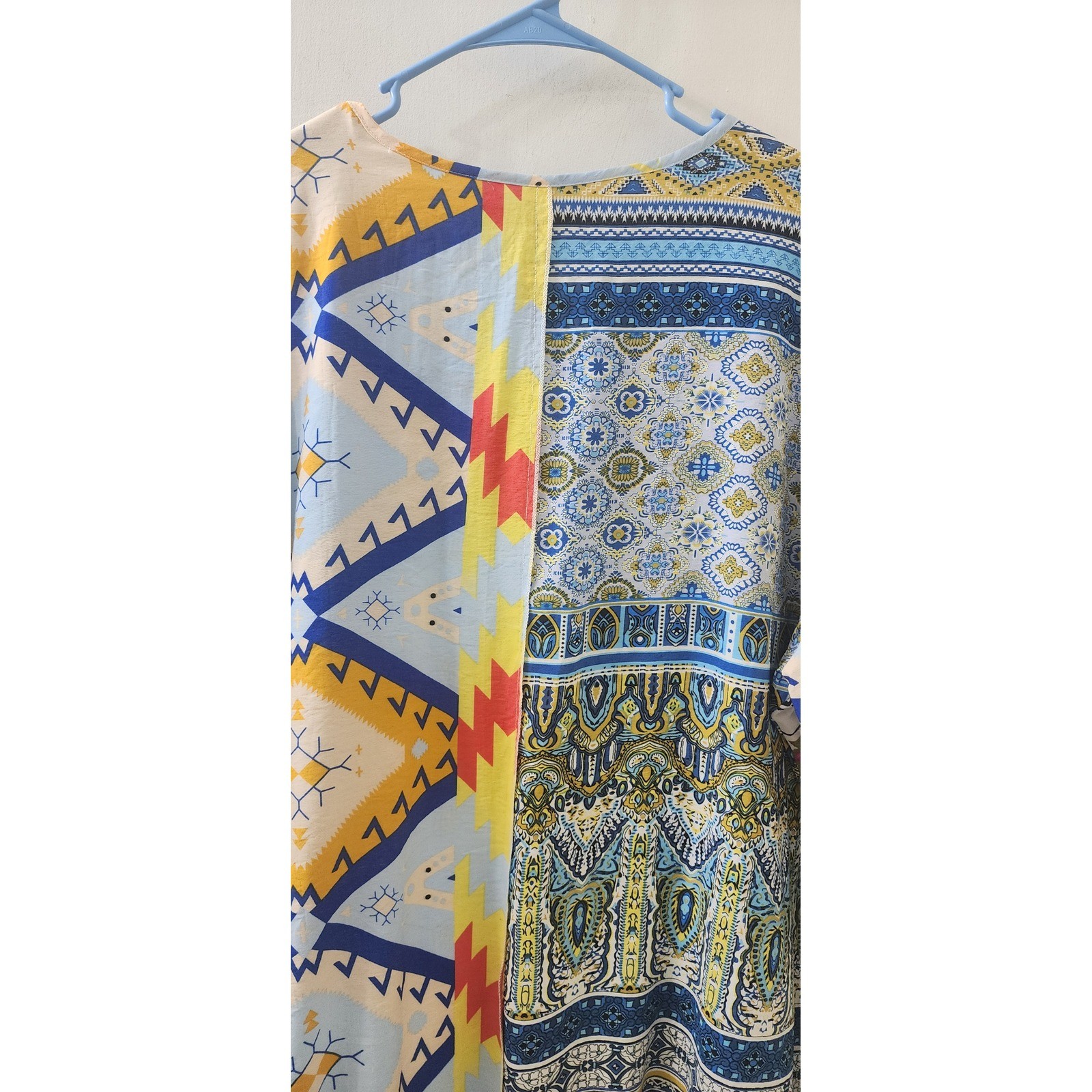 Calesa Mixed Print Patchwork Ruffle Tunic Top Multi-Color Boho Asymmetrical L