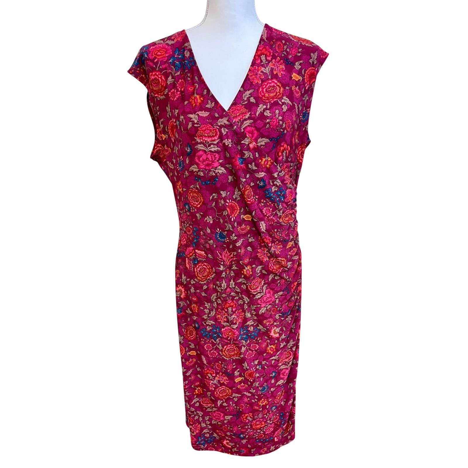 LAUREN Ralph Lauren Dark Floral Dress XL Faux Wrap Ruched Romantic Brunch Modest