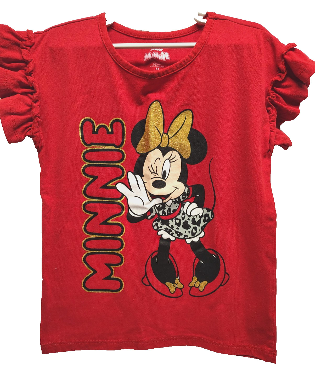 Disney Junior Minnie Mouse Girls 6X Red Graphic Tee Glitter Bow Ruffle Sleeves