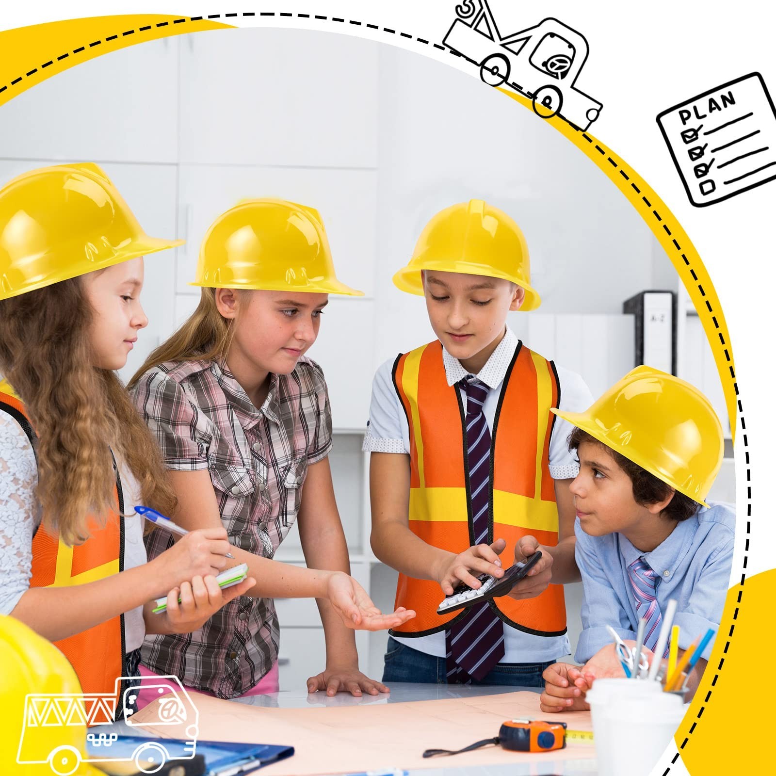 Kids Construction Worker Costume Set – Vests, Hats for Birthday Party & Hallowee