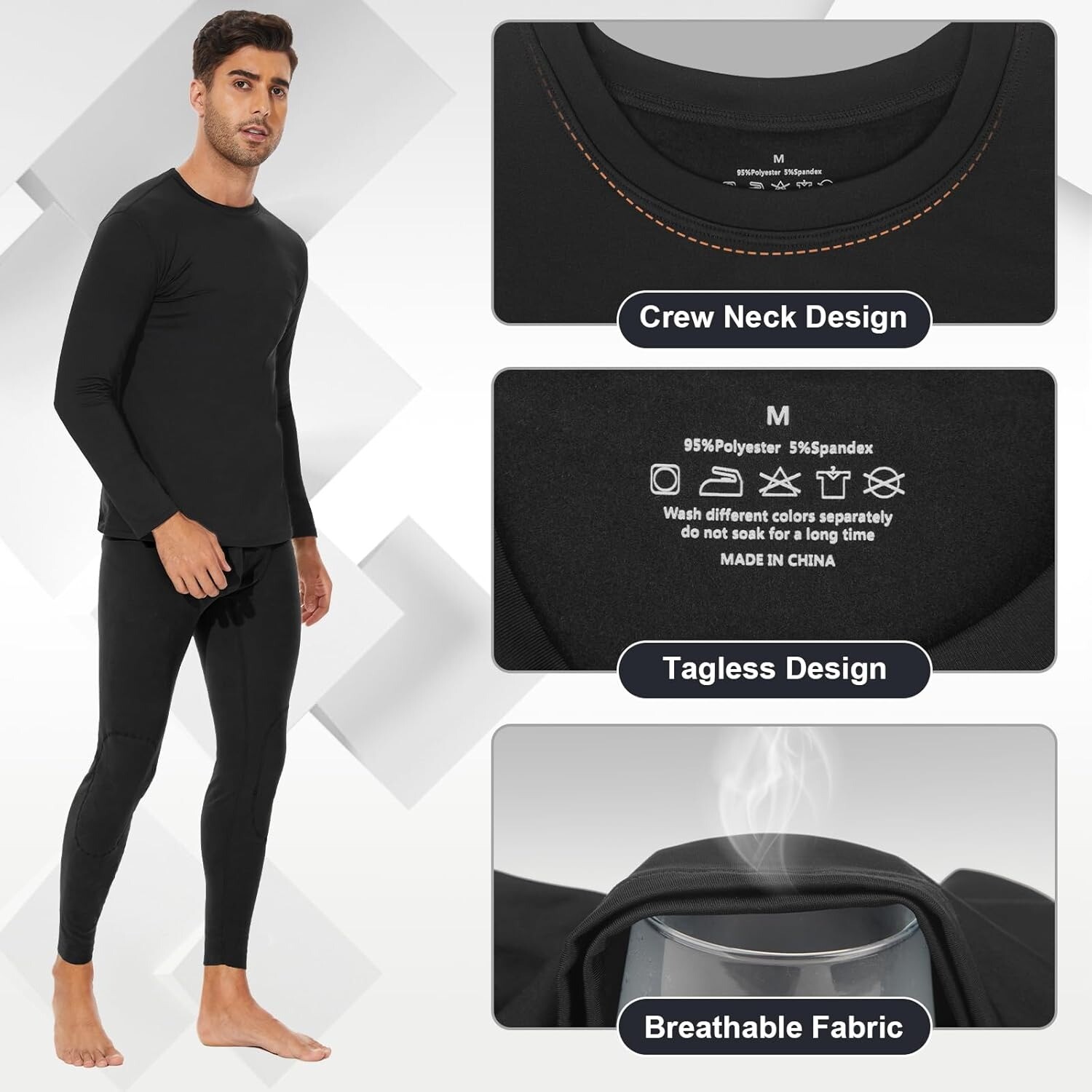 Men Thermal Long Sleeve Undershirt Keep Warm Fleece Lined Long John Thermal Sets