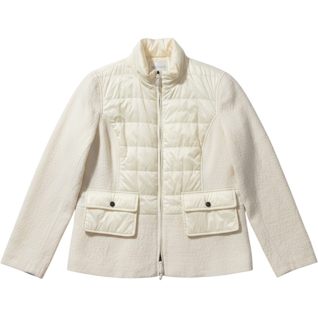 Madeleine Cream Mixed Media Quilted Wool Blend Full Zip Jacket Womens Ivory