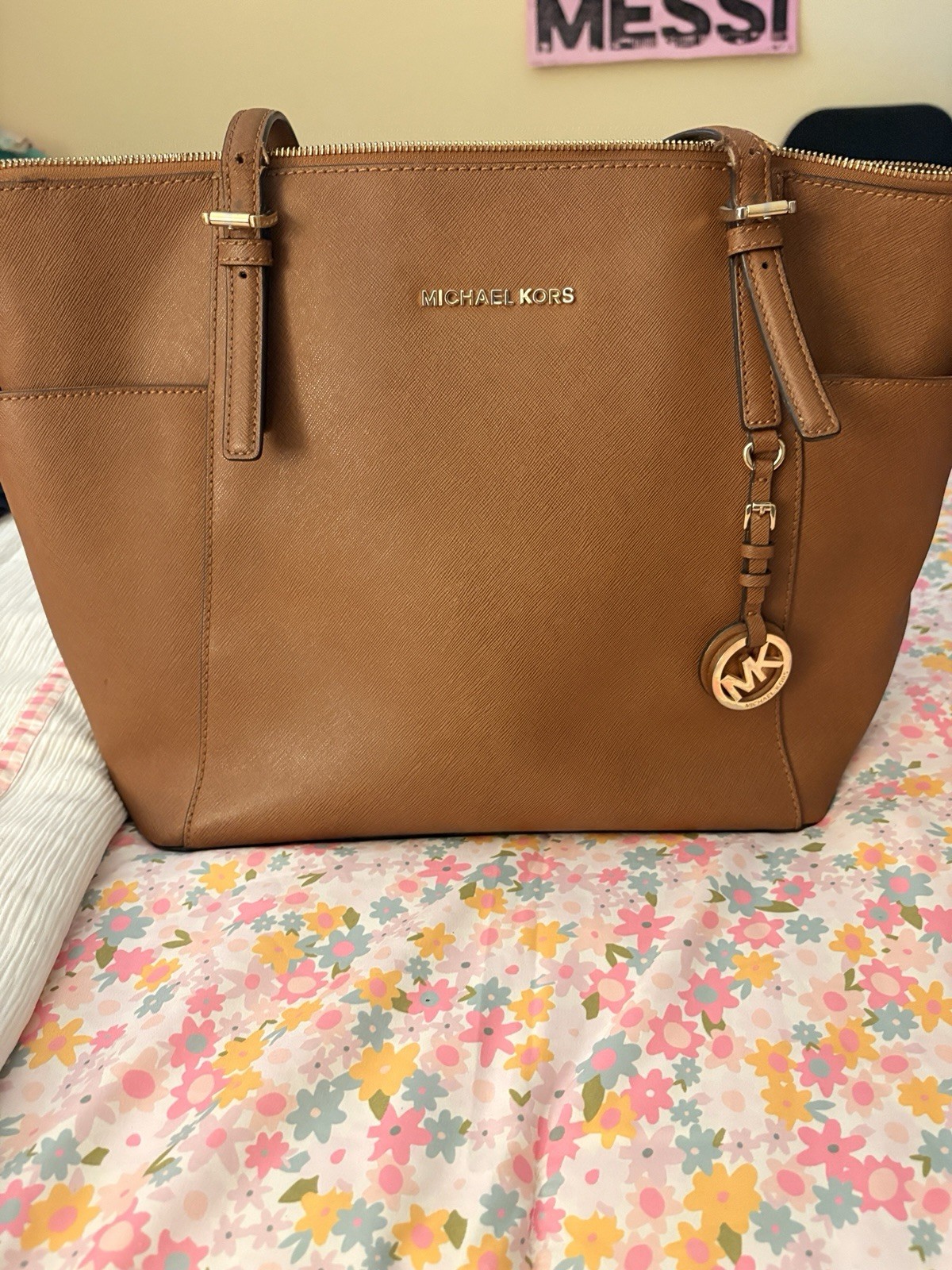 Michael Kors Women’s Brown Zip-Top Tote w/ MK Charm, Pockets, Gold Hardware