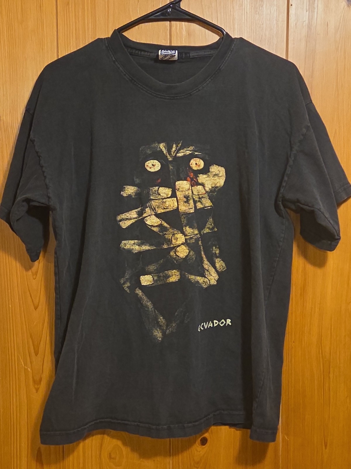 Vintage 90s Y2K ECUADOR Faded Black Large Native Art T-shirt 19×25.5 By ETNi K