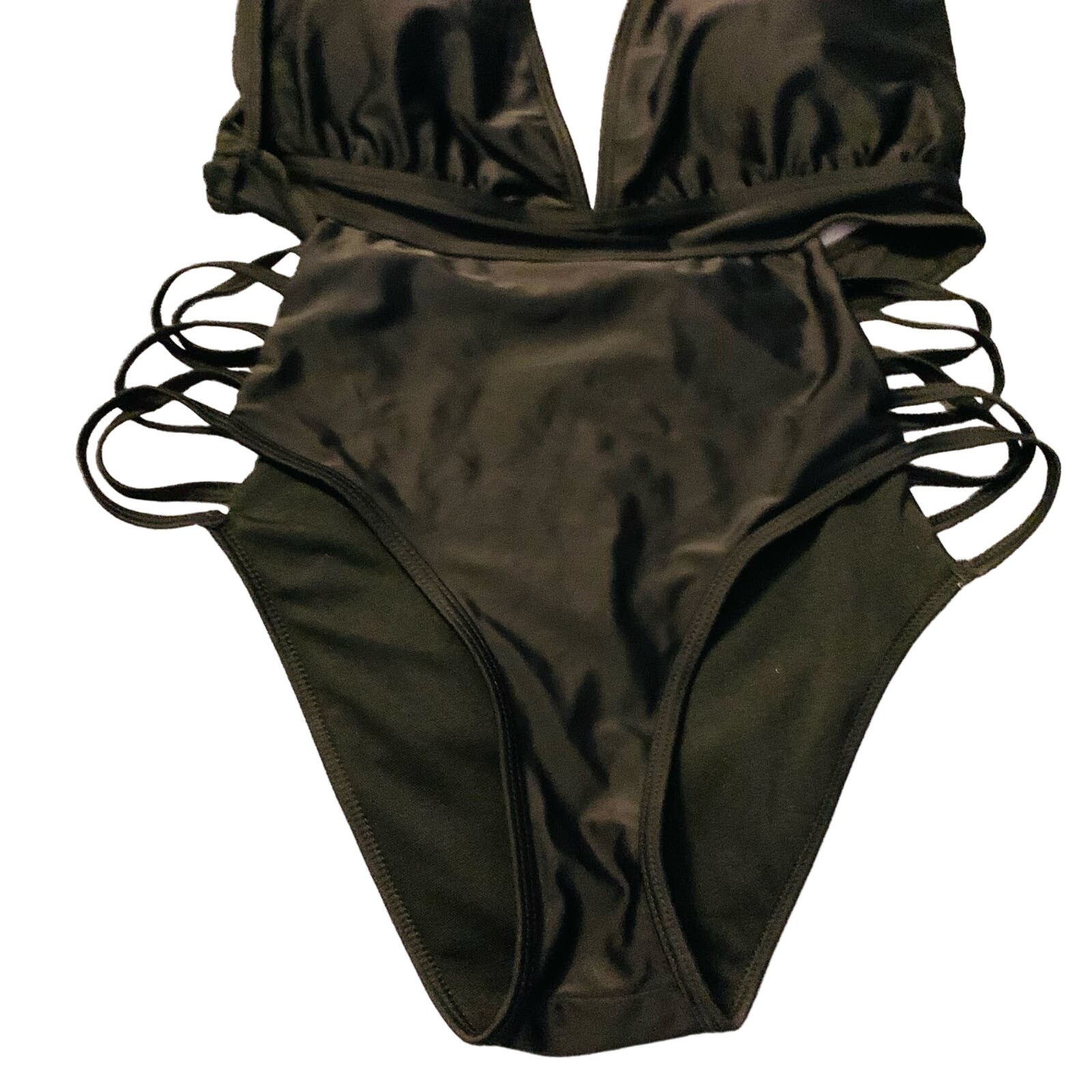 NEW BeachQueen Swimsuit Large Black Tie Halter Deep Plunge V-Neck Cutout Hips