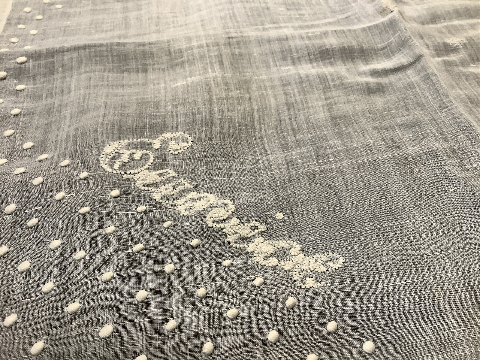 913🌟Vtg Antique c1890s Whitework Monogram “EUNICE Walker” Handmad Wedding Hanky